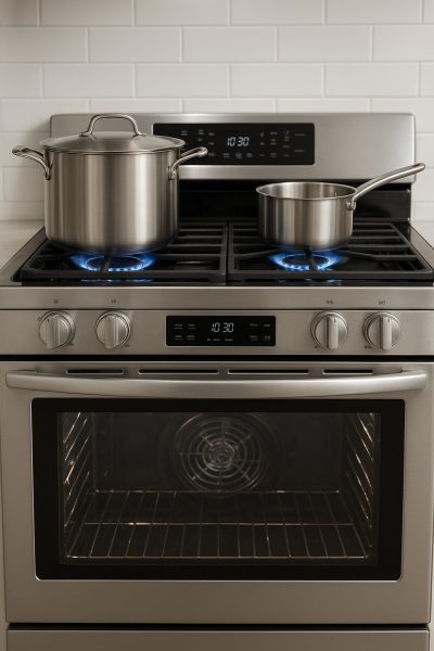 Close-up of active gas burners and convection oven with precise digital controls in a modern kitchen.