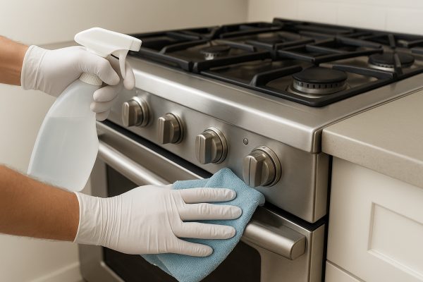 Gloved hands cleaning a pristine dual fuel range with a microfiber cloth, emphasizing hygiene.