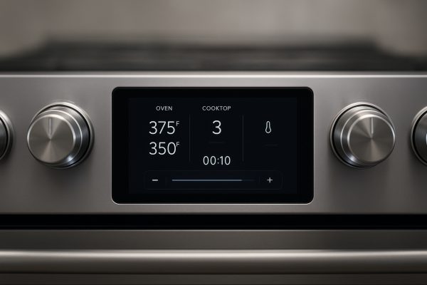 Modern touchscreen and illuminated knobs on a dual fuel range, with a sleek, high-end interface.