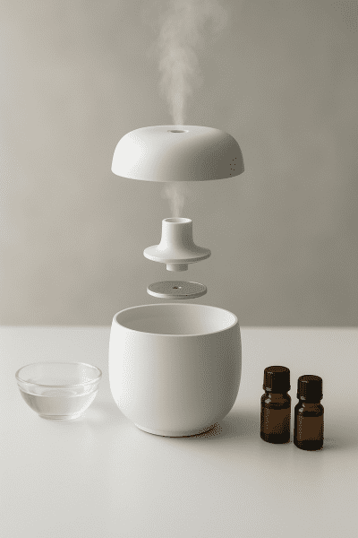 Exploded view of essential oils diffuser showing separated components and mist output.
