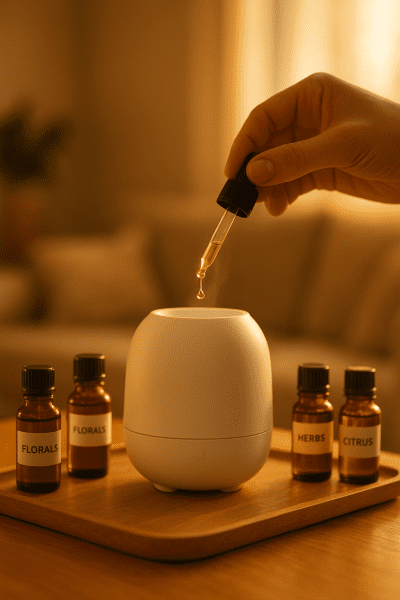 Hand using dropper to blend essential oils into active diffuser on a tray.