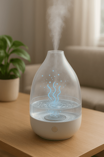 Cutaway of diffuser showing ultrasonic plate and mist with plant nearby.