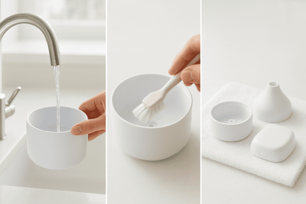 Three-step cleaning: rinsing, brushing, and drying diffuser components.