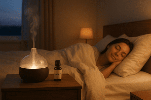 A softly lit bedroom with a diffuser and lavender oil on a nightstand, showing a relaxed person resting in bed.