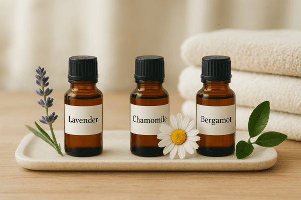 Three essential oil bottles and their flowers arranged artfully on a stone tray for comparison.