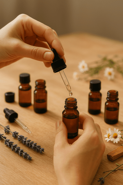 Hands blending essential oils for relaxation with fresh herbs and open bottles on a tidy table.