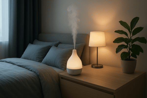 Modern bedroom with a diffuser, mist, soft bedding, blackout curtains, and a warm lamp.