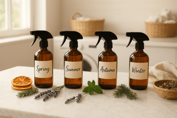 Seasonal essential oil blend spray bottles and botanicals arranged on a marble laundry countertop.