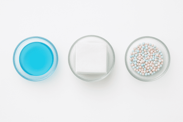 Three glass bowls with fabric softener liquid, dryer sheets, and scent beads on a white background.