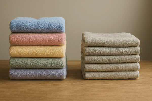 Two stacks of towels showing the contrast in softness and color vibrancy from fabric softener use.