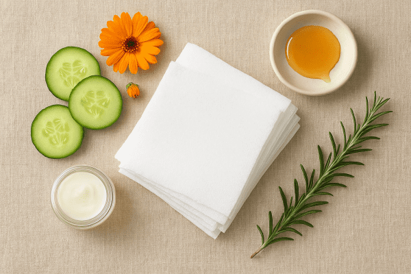 Flat lay of face wipes with cucumber slices, calendula flowers, honey, moisturizer jars, and rosemary on a linen background.
