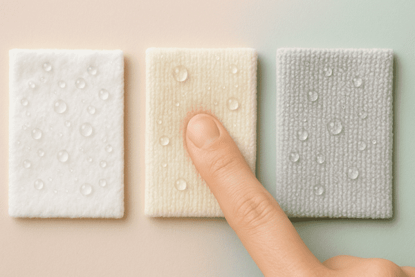 Macro of cotton, bamboo, and microfiber wipes with visible texture and water droplets, a fingertip pressing into bamboo.