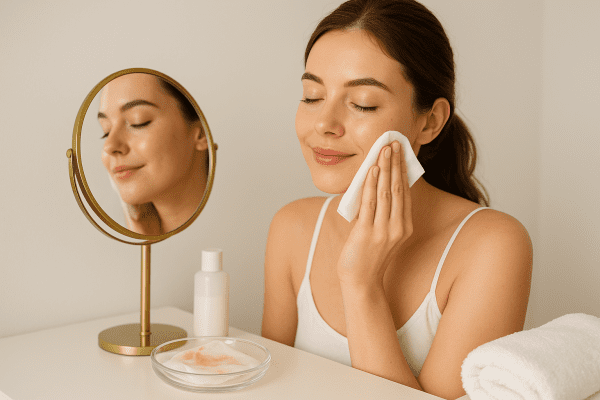 Woman uses a face wipe in front of a vanity mirror, with a used wipe in a glass dish and minimal skincare bottles present.