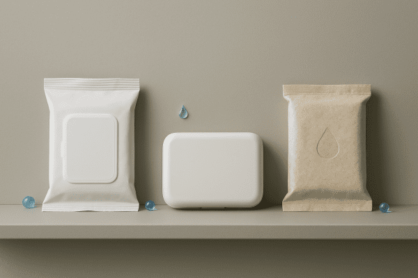 Resealable pouch, hard case, and compostable wrap for face wipes shown unopened with blue humidity beads on a shelf.