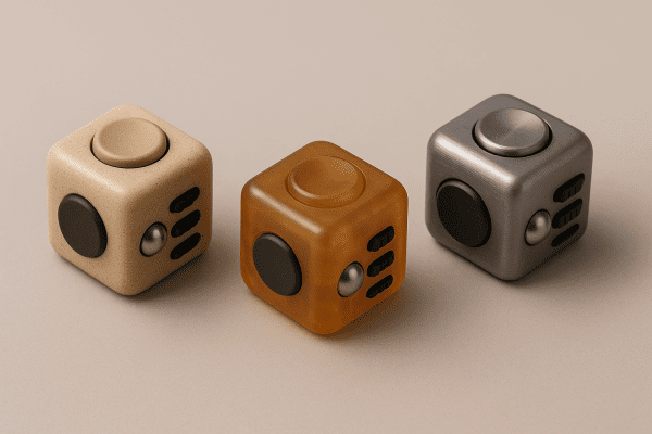 Three fidget cubes in bioplastic, resin, and titanium, displaying unique tactile features on a seamless background.