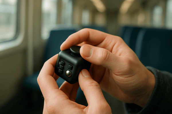 Person using a fidget cube on public transport, managing stress and staying focused.
