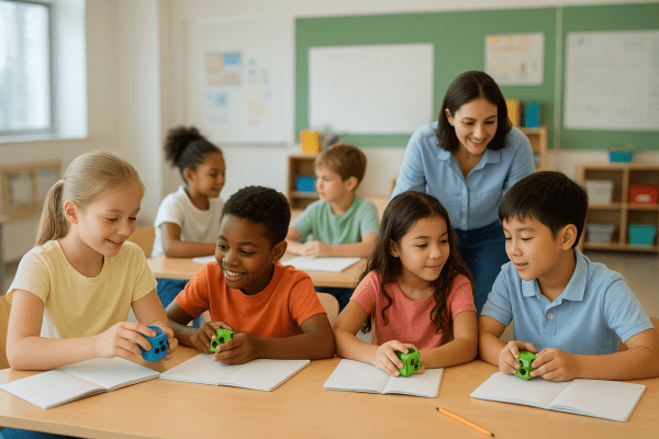 Children in small groups using fidget cubes in a collaborative, well-lit classroom.