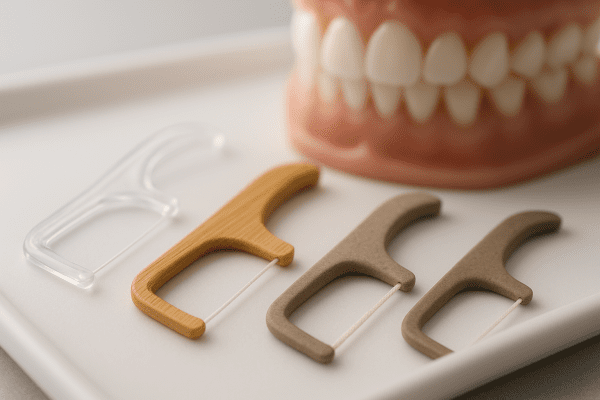 Close-up macro photo of plastic, bamboo, and biodegradable floss sticks on a white dental tray, with a blurred dental model accentuating teeth and gums in the background.
