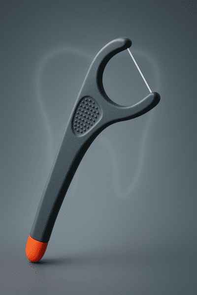 Product photo of an advanced floss stick with contoured grip, textured area, reinforced floss, and a colored safety tip, set on a smooth gradient background with a subtle tooth and gum outline.