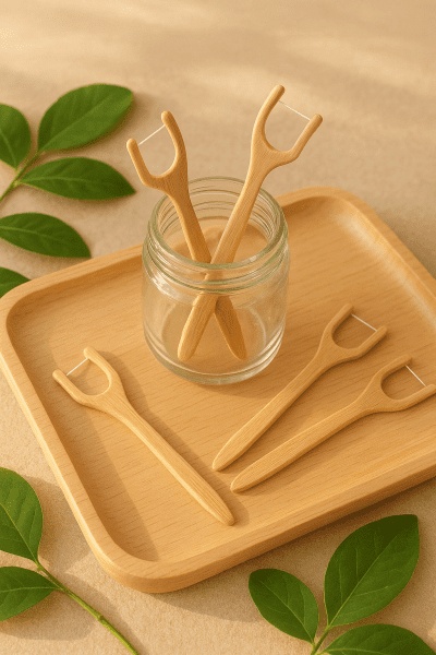 Eco-friendly bamboo and biodegradable floss sticks on a wooden tray with green leaves and a glass reusable jar, illuminated by sunlight.