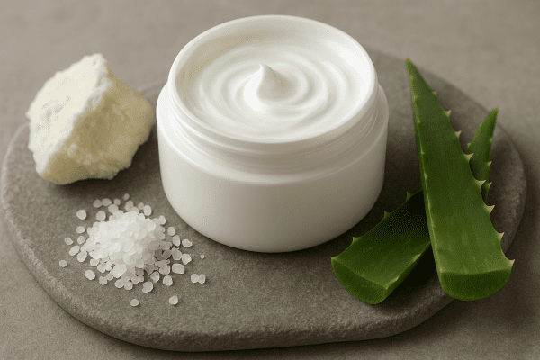 Open jar of foot cream with shea butter, urea, and aloe vera on a stone slab.