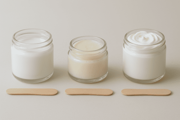 Three open containers\u2014lotion, balm, and cream\u2014showing clear differences in texture.