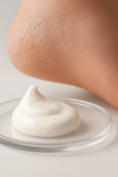 Macro of foot cream with shea butter and urea, next to cracked and healthy skin contrast.