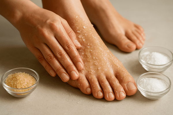 Hands exfoliating feet with a homemade sugar and salt scrub, bowls of natural ingredients beside.