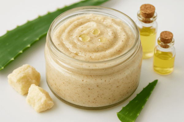 Macro of creamy foot scrub in a glass jar, surrounded by oil, aloe, and shea butter.