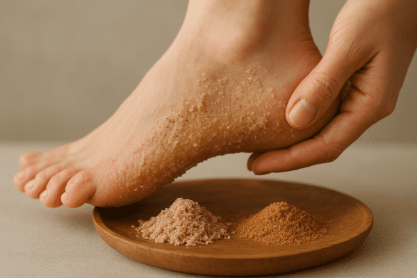 Side view of a person scrubbing their heel with pumice scrub, ground walnut and apricot seed nearby.