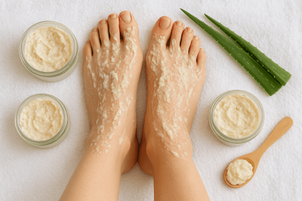 Feet on a plush towel, covered in creamy shea butter and aloe scrub, surrounded by jars and aloe leaves.