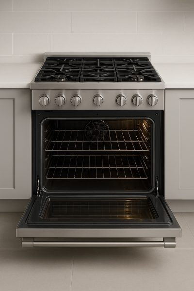 A luxury freestanding range with open oven doors, deep oven space, and a cooktop featuring various burner sizes in a pristine kitchen.