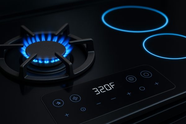 Close-up of a hybrid range cooktop with active blue gas flames, glowing induction zones, and a bright digital control panel.