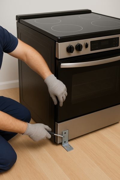 A technician in gloves carefully mounting an anti-tip bracket at the base of a slightly pulled-out range, focusing on secure attachment.