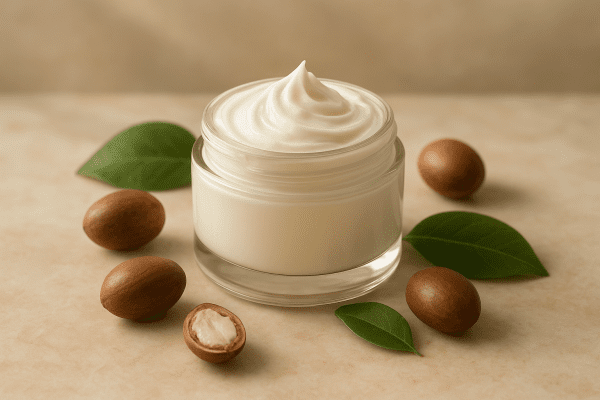 Elegant glass jar of shea butter hand cream on marble with shea nuts and greenery.