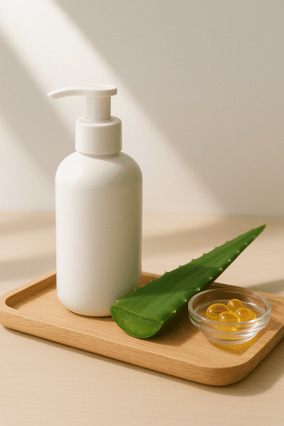 Organic hand cream with aloe vera leaf and vitamin E capsules on a wooden tray.