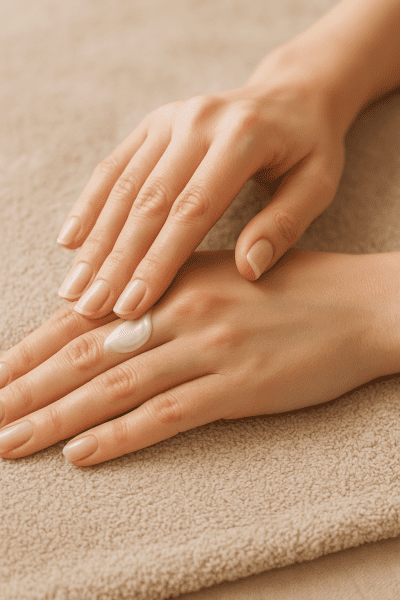 Hands gently massaging cream into skin on a soft towel, nails healthy and natural.