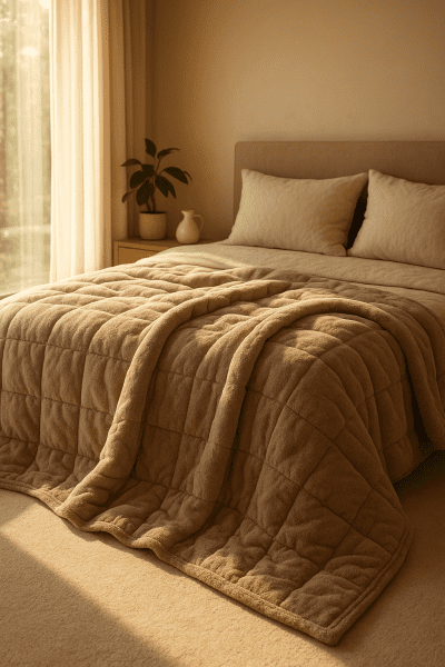 Ultra-soft heated blanket with visible quilting draped on a serene bed in a sunlit, modern bedroom.