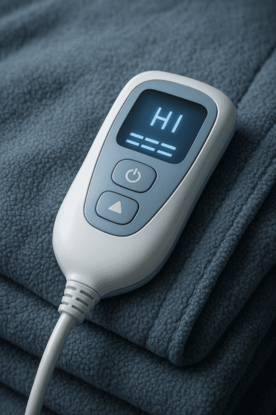 Macro view of ergonomic heated blanket controller on a thick microfiber blanket.