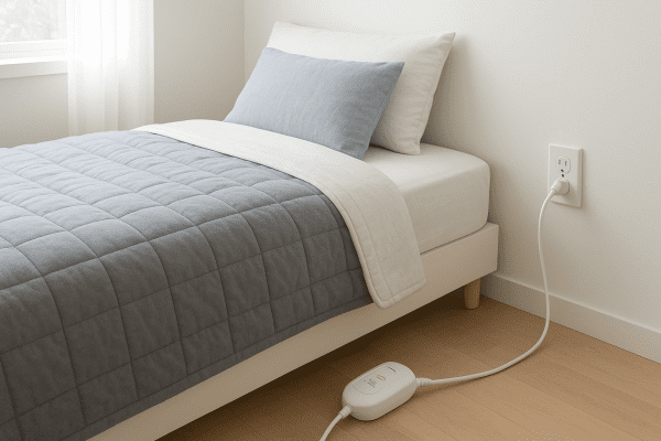 Heated blanket safely plugged into a smart outlet with illuminated safety indicator in a tidy, bright bedroom.