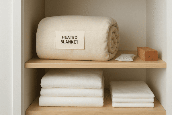 Heated blanket rolled in a cotton storage bag on a clean linen closet shelf with moisture absorbers.