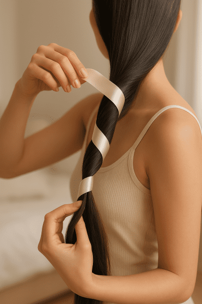 Model with long, shiny hair wrapping it around a satin ribbon in a softly lit bedroom.