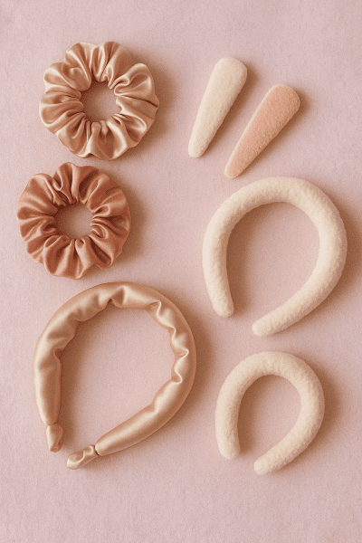 Satin scrunchies, padded clips, and soft headbands arranged on pastel microfiber.