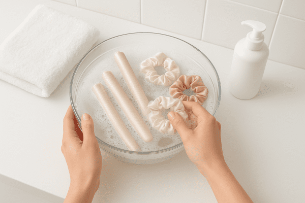 Hands gently washing silk curling rods and scrunchies in a clear bowl, towel nearby.