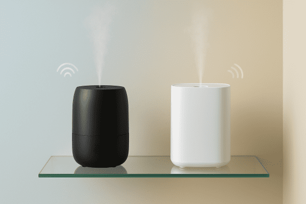 Black ultrasonic and white evaporative humidifiers on a glass shelf, each with faint sound wave icons indicating their noise differences.