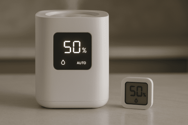 Modern humidifier with illuminated touchscreen and wireless hygrometer displaying synchronized humidity levels on a clean stone surface.