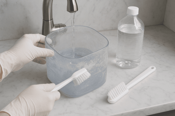 Gloved hand scrubbing a humidifier tank under running water, with visible mineral deposits and cleaning supplies on a marble countertop.
