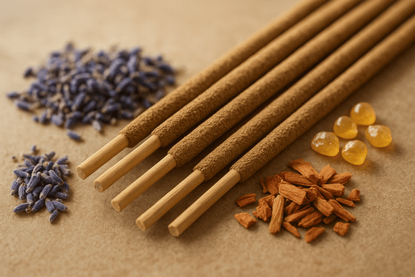 Macro view of bamboo incense sticks, dried lavender, sandalwood, and resin beads in natural daylight.
