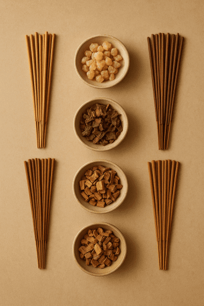 Flat lay of grouped incense sticks with corresponding bowls of resin and aromatic woods.