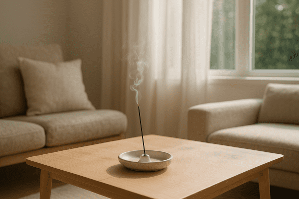 Incense burning in a ceramic holder by an open window with sunlight and sheer curtains.